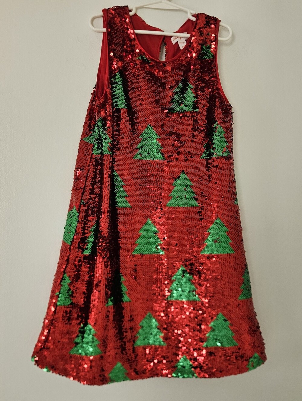 Cat & Jack Girls Dress M 7/8 Christmas Tree Flip Sequin Red Jumper Festive Party